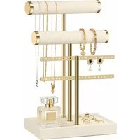 SURFOU Schmuckständer Schmuck Organizer mit 3 Ebenen – Samt-Armbandständer mit T-Steg (5-in-1 Schmuckpräsentation mit Samtstangen, Ringablage & Fach – Ideal für Armbänder, Halsketten & Uhren, 1 St)