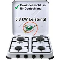 BlueCraft Gaskocher 4 flammig 50mbar Propan Gas Campingkocher 5,8 kW Gas-Kochfeld Gasherd, (mit Schlauch 100 cm und Gas Regler Druckminderer mit Manometer), Camping Gas Kocher 4 flammen für Gasflasche