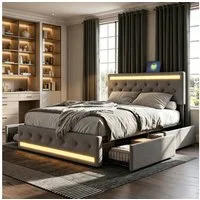 Furnishings Home Polsterbett Stauraumbett Doppelbett (Vier extra große Schubladen unter dem Bett), Mit LED-Beleuchtung, USB & Type-C, Leinen, 180x200 cm