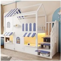 Flieks Etagenbett, Kinderbett Haus-Design 90×200cm mit Stauraumtreppe LED-Beleuchtung