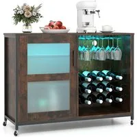 COSTWAY Weinschrank mit LED Küchenschrank mit Rollen& verstellbarem Regal 108cm