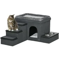 PawHut Tierbett Katzenhöhle Katzenhütte mit Treppe, Katzenhaus mit 2 Edelstahlnäpfen, für Katzen, Hunde bis 8 kg, Polyester, 78 x 48 x 49,5 cm, Grau