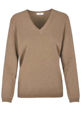 CLARINA - NOS Pullover, V-Ausschnitt 244 camel mel. - Gr. - 44