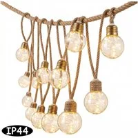 Norvéa Home Lichterkette Solar Lichterkette Außen Glühbirnen Juteseil IP44 Warmweiß, Solar Lichterkette IP44, G40 Fairy Light, 8 Modi, Juteseil