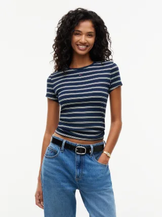 Tommy Jeans (PVH Group) - TJW SLIM ESSENTIAL RIB SS EXT Dark Blue/Day Lily Stripe - Gr. - M