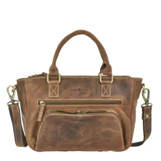 Shopper Damen mit 5 Reißverschlussfächern Leder antikbraun 34x20cm | Greenburry Vintage Umhängetasche für Damen mit viel Stauraum und Ordnung.