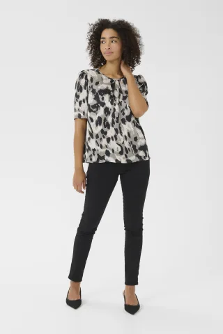 Kurzarm-Bluse Regular fit Grey Leopard Print
