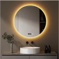 WDWRITTI Badspiegel Wandspiegel Rundspiegel Led Uhr 3 Lichtfarbe+ Helligkeit einstellbar (Badezimmerspiegel mit Beleuchtung, Rund Spiegel, Lichtspiegel, 60 x 60 cm), Speicherfunktion,energiesparender,IP44
