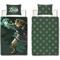 Familando Jugendbettwäsche Zelda "Tears of the Kingdom" 135x200 + 80x80 cm aus 100% Baumwolle, Renforcé, 2 teilig, mit Link auf Vorderseite und Schriftzug auf Kopfkissen