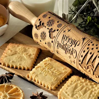 Wooden Embossed Rolling Pin Nativity Pattern Xmas Christmas Wooden Engraved Embossing Rolling Pin with 9 Different Scene