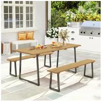 Outsunny Garten-Essgruppe für 6 Personen, mit 2 Bänke, Schirmloch, Holztisch, (3-teilig Sitzgruppe, 3-tlg., Esstisch aus Holz), für Terrasse, Balkon Naturholz