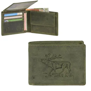 Geldbörse Leder Hirsch-Prägung oliv | Greenburry Vintage Hunting Portemonnaie Querformat. Strukturierter Organizer mit 7 Kartenfächern aus Leder.