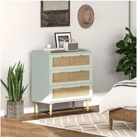 HOMCOM Kommode Beistellschrank mit 3 Schubladen, Boho-Stil, Rattanoptik (Schubladenkommode, 1 St., Sideboard), für Wohnzimmer, Schlafzimmer, Hellblau 80 x 40 x 87,5 cm