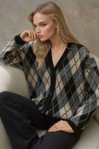 Langer V-Ausschnitt geometrischer Strick-Cardigan mit Knöpfen