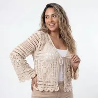 OriginalYou Strickjacke Cardigan leichte Sommerjacken Damen mit Schnürung Häkeljacke modernes Häkelmuster, weiter Ärmelabschluss, Gr. 42-46, mit Bindeband