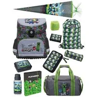 Familando Schulranzen Minecraft 1.-4. Klasse ergonomisch, geräumig, Volumen 18 Liter (Set, 11-tlg., inkl. Sporttasche Heftbox Schultüte / Zuckertüte 85cm), MINECRAFT Motiv grau