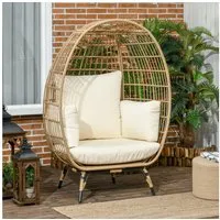 Outsunny Rattanstuhl Rattanstuhl mit Sitzkissen (Rattansessel, 1 St), Metall, Khaki, 105 x 90 x 148 cm