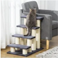 PawHut Kratzbaum Tiertreppe Katzentreppe Hundetreppe 4 Stufen Treppe, Plüsch, Grau, 60 x 40.5 x 59 cm