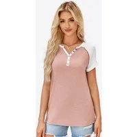 Imily Bela T-Shirt Damen mit V-Ausschnitt und Knopfleiste Casual Oberteil (Packung, 1-tlg., 1per-Pack) Raglanärmel-Design mit Kontrastfarben