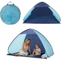 Spetebo Strandmuschel Pop Up Strandzelt blau mit Tragetasche und Heringen - 210 x 110 cm, (Packmaß von ca. Ø 50 x 4 cm, 1 tlg., Stück), UV 50+ Sonnenschutz