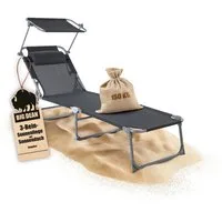 BigDean Gartenliege Sonnenliege klappbar mit Kopfkissen & Dach extra hoch dunkelgrau 150kg, Packung, 1 St., Liege, 3-Bein, Mit Kopfkissen, Extra Sonnendach, Garten, Balkon, Strand