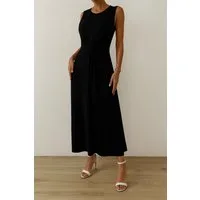 Moda Yakamoz Midikleid JANE'S Damen Null Ärmel Rundhals Seitensammlung Detail Viskose Kleid