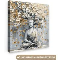 OneMillionCanvasses® Leinwandbild Buddha - Blumen - Baum - Gold - Modern, Fotodruck (1 St), Wandbild, Deko Schlafzimmer Wohnzimmer Flur 20x20 cm