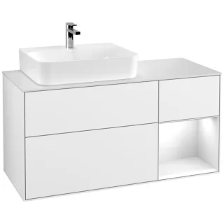 Villeroy und Boch Finion Waschtischunterschrank G151GFGF 120cm, Abdeckplatte white matt, Emotion, Regal links Glossy white lacquer, Glossy white lacquer