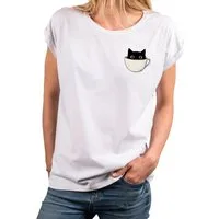 MAKAYA T-Shirt Lustiges Damen-Top mit Katzenmotiv – Katze in Kaffeetasse Print (Weiß, Rosa, Hellgrau, Grün, Dunkelgrau, Blau, Schwarz, 34, 36, 38, 40, 42, 44, 46, 48, 50) Baumwolle