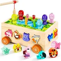 POPOLIC Montessori Spielzeug ab 1 2 3 Jahr Magnetspielbausteine, (Magnetisches Angelspiel Holzspielzeug, 6 in 1 Motorikspielzeug Lernspielzeug, Sortier- & Stapelspielzeug, 1 St), 2 3 4 Jahre Mädchen Junge Kleinkind Geschenk