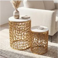 FINEBUY Satztisch FB117900 2er Set Couchtisch Gold Wohnzimmertisch Beistelltisch Marmor (Elegante Wohnzimmertische im schicken Zweierset), Weißer Naturstein kombiniert mit Metallgitter