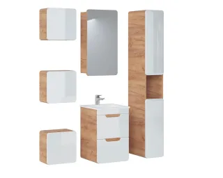 Badmöbel Set 6-tlg Badezimmerset FERMO Weiss HGL inkl. Waschtisch 40cm