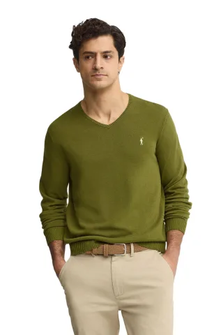 Pullover moosgrün mit V-Kragen und Rigby Go Stickerei