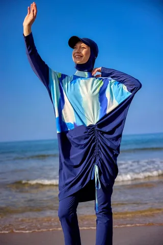 Marineblaues Burkini-Set mit vollständiger Abdeckung und bescheidener Badebekleidung