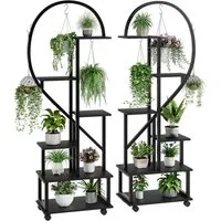 GarveeMore Pflanzentreppe 6 Etagen (2Stück) mit Rädern und 6Haken,Half Heart Shape Blumenständer, Höhenverstellbarer Pflanzenständer für Garten,Wohnzimmer,Terrasse