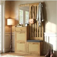 Merax Kompaktgarderobe mit Rattanoptik, Spiegel & Sitzbank (1-St) Garderoben-Set schmale Flurgarderobe mit Schuhschrank,Haken & Stauraum