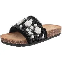Ital-Design Feminine Damen-Sandalen mit Perlen und Blumendekor Pantolette (91512177) Flach Pantoletten in Schwarz