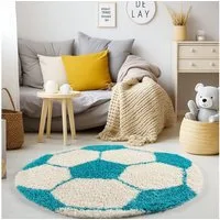 KADIMA DESIGN Kinderteppich MATREI Shaggy Langflor Spielteppich Kinderzimmer Waschbar Fußball, Rund, Höhe: 32 mm, Türkis, 100x100 cm, Strapazierfähig Waschbar