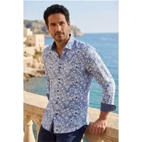 Haupt Langarmhemd Modern Fit Langarm Baumwoll-Leinen Herrenhemd Floral Light Blue