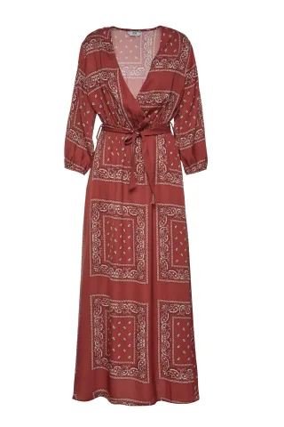 bsb - Maxikleid in Wickeloptik mit Ethno-Muster und V-Ausschnitt rot - Gr. - XS
