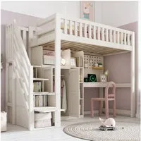 STILVORA Hochbett 90x200 Kinderbett mit Schreibtisch Leiterschrank und Kleiderschrank (Stauraumbett mit offene Regale, USB/USB‑C Anschlüsse, platzsparende All‑in‑One Lösung) Ober- und Unterebene sind links durch einen Leiterschrank verbunden