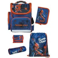 Familando Schulranzen SPIDER-MAN Schultasche ab der 1. Klasse, Blau (Set, 5-tlg., inkl. Federmäppchen, Schlamper, Turn- & Geldbeutel), ergonomisch, 930 Gramm leicht, 15L Volumen