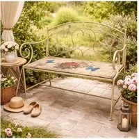 HTI-Living Gartenbank Gartenbank Flowers and Plants Metall creme mit Motiv Sitzfläche (1x Gartenbank Flowers and Plants aus Metall)