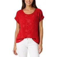 dy_mode Kurzarmbluse Kurzarm Bluse Elegantes Baumwollshirt Damen einfarbig Blusenshirt in Unifarben, Rundhalsausschnitt, mit Blumenstickerei