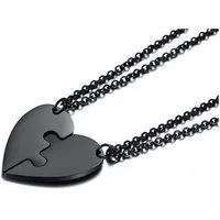 Sanixa Kette mit Anhänger Partnerkette Herz schwarz - Freundschaftskette Halskette 2er Set (Pärchenschmuck Geschenk Liebesschmuck), Herzkette Liebe Puzzle-Kette Anhänger