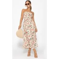 SASSYCLASSY Bandeaukleid Gesmoktes Bandeau-Kleid mit Print Damen trägerloses Midikleid mit gerafftem Bustier jeansblau