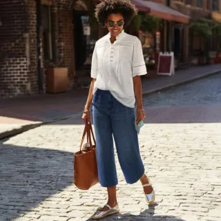 Culotte-Jeans mit Bundfalten Mid Waist, Damen,  Blau, Baumwolle/Polyester/Baumwoll-Mischung, by Lands' End