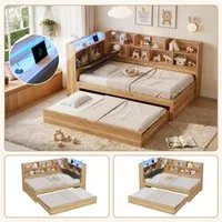 REDOM Holzbett L-förmiges Holzbett 90x200 cm in Naturfarbe mit LED & USB (Kinderbett, Stauraumbett, Tagesbett, 1-tlg., Inkl. Ausziehbett & Regalen, praktisches Daybett(ohne Matratze), Stauraum integriert, ideal für Kinderzimmer & Gästebereich