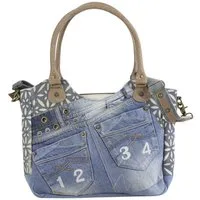 Sunsa Handtasche Schultertasche aus recycelter Jeans Shopper Umhängetasche, echt Leder, Upcycling Jeans, abnehmbare Henkel