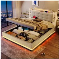 Ulife Polsterbett Hydraulisches Stauraumbett, Jugendbett mit LED-Lichtleiste (Ohne Matratze), USB/Type-C Ladestation + Ablagefächer, 140x200cm